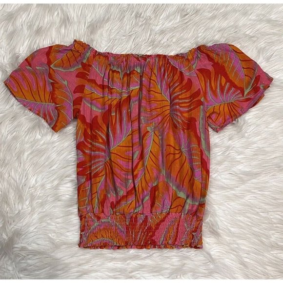 Cynthia Rowley Bright Tropical Top Off Shoulder Smocked Waist Short Sleeve SZ S - Picture 11 of 12